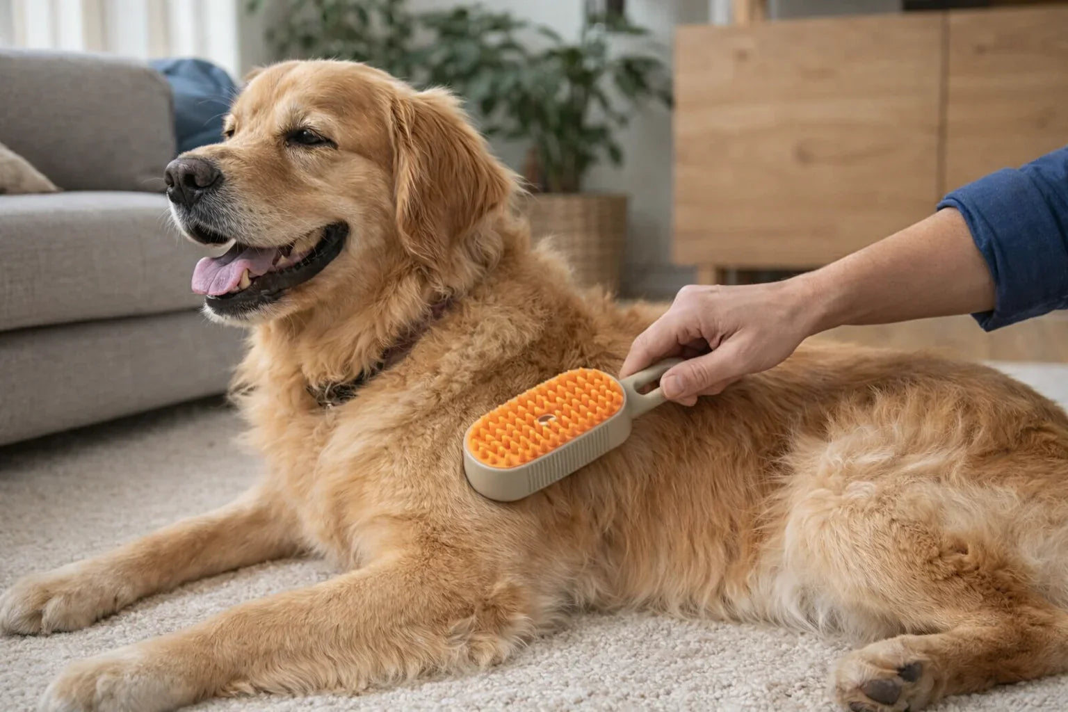 Golden retriever being brushed with a pet grooming brush on carpet at home