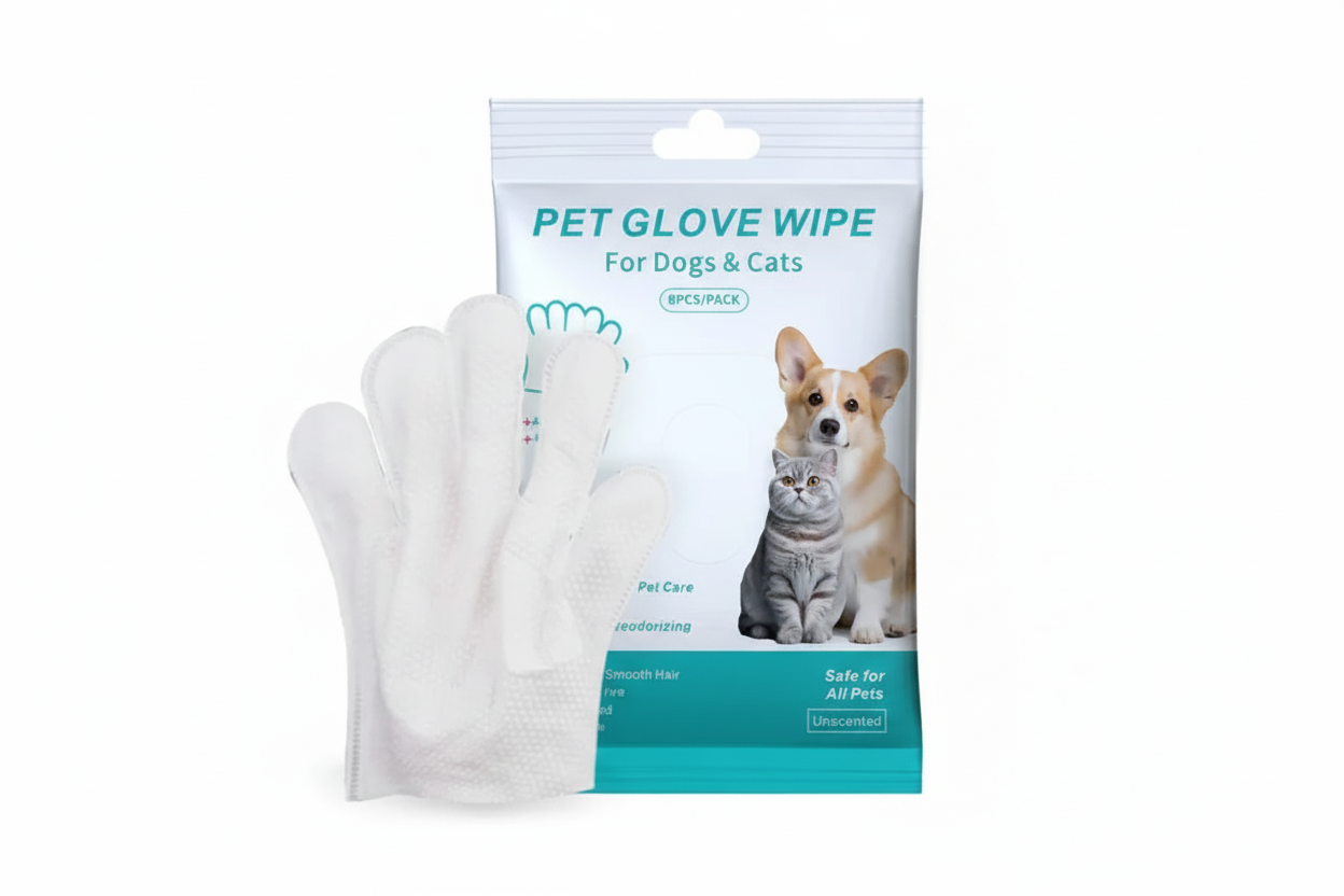 Pet glove wipes for dogs and cats, unscented, with images of a dog and a cat on the packaging