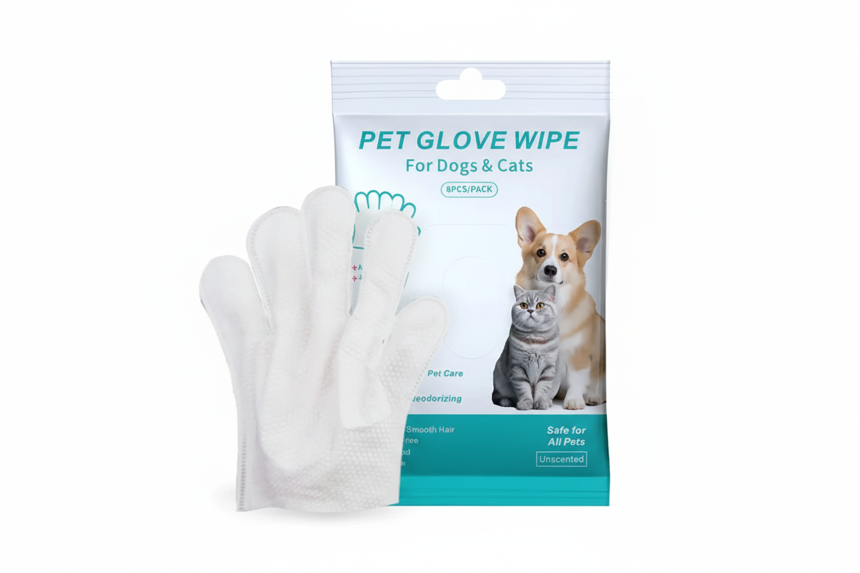Pet glove wipe for dogs and cats, grooming mitt pack, shown with a corgi and a cat.