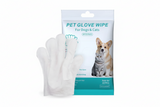 Pet glove wipes for dogs and cats, grooming glove with package showing dog and cat