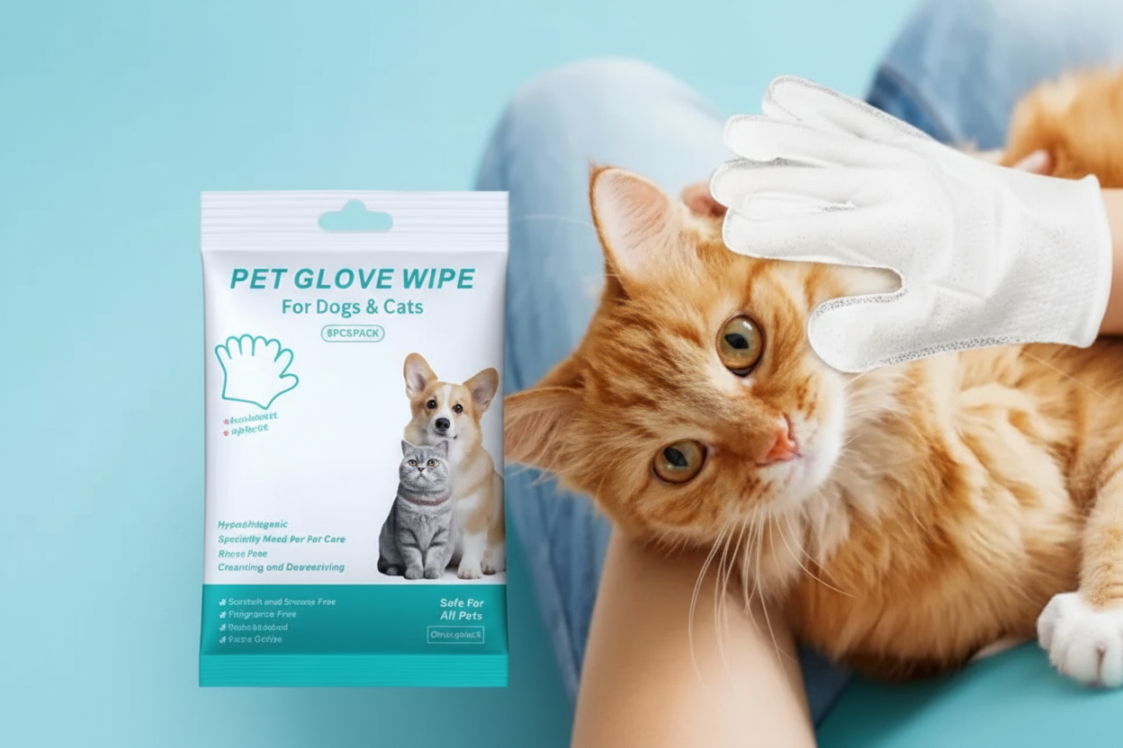 Pet glove wipe package for dogs and cats, with a hand using a grooming glove on an orange cat.