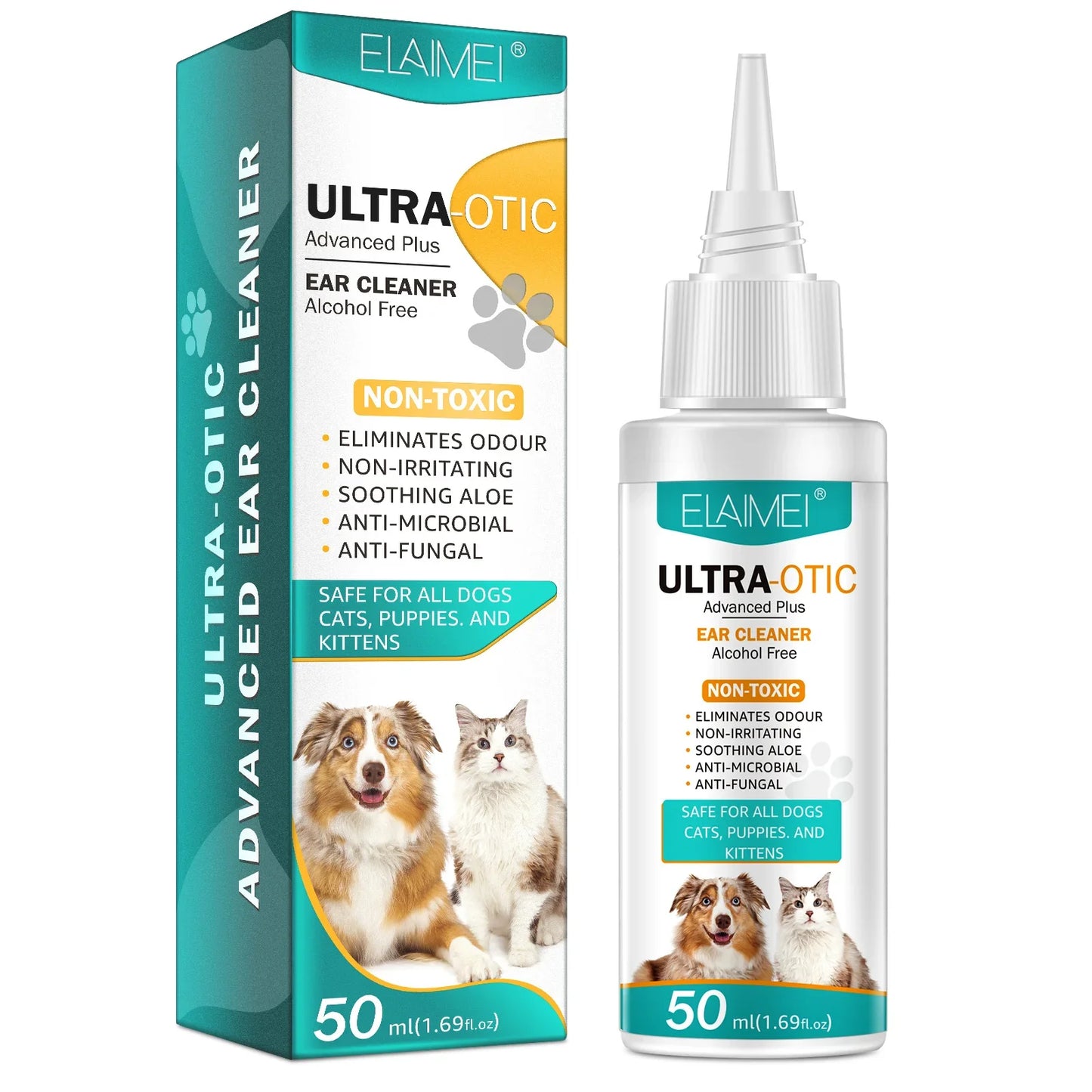 Non-toxic pet ear cleaner for dogs and cats, 50ml bottle and packaging, alcohol-free