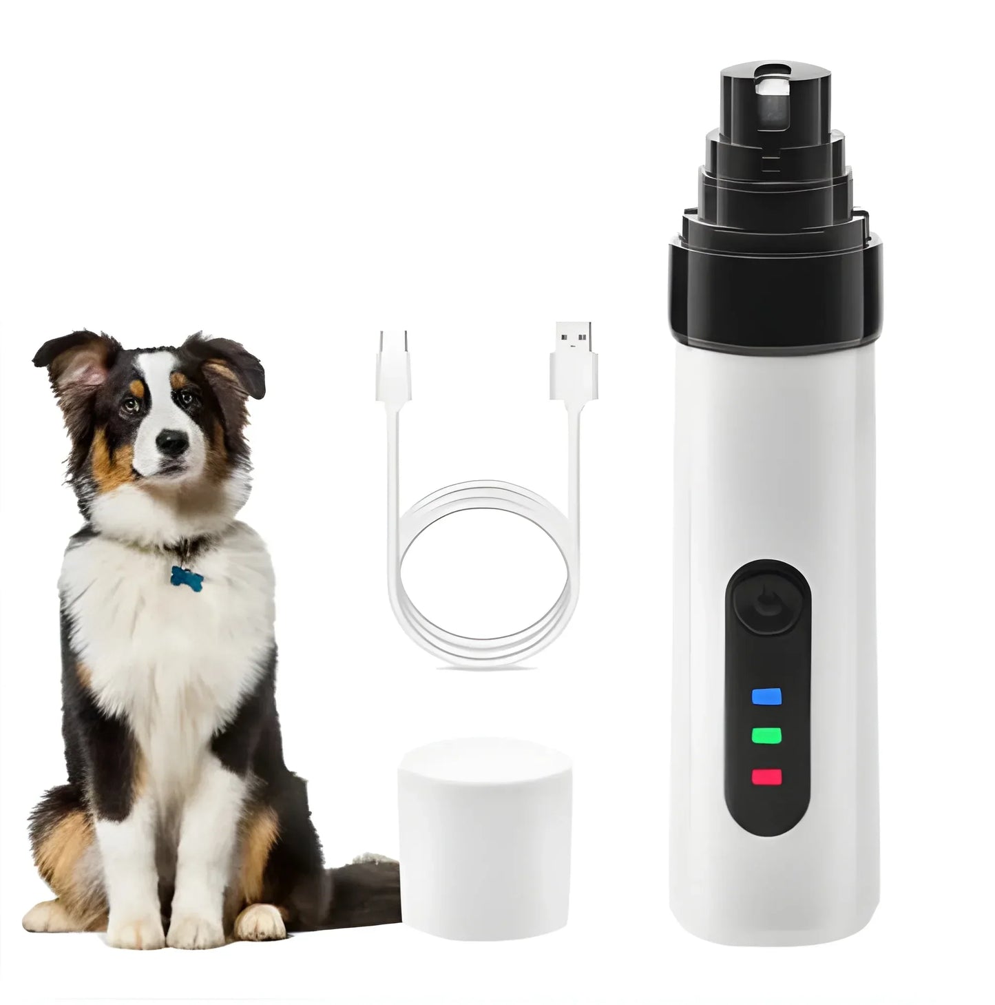 Pet nail grinder kit with dog, USB charging cable, protective cap, and grooming tool