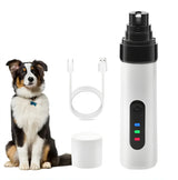 Pet nail grinder kit with dog, USB charging cable, protective cap, and grooming tool