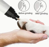 Pet nail grinder smoothing a dog's nails, before and after grinding comparison.