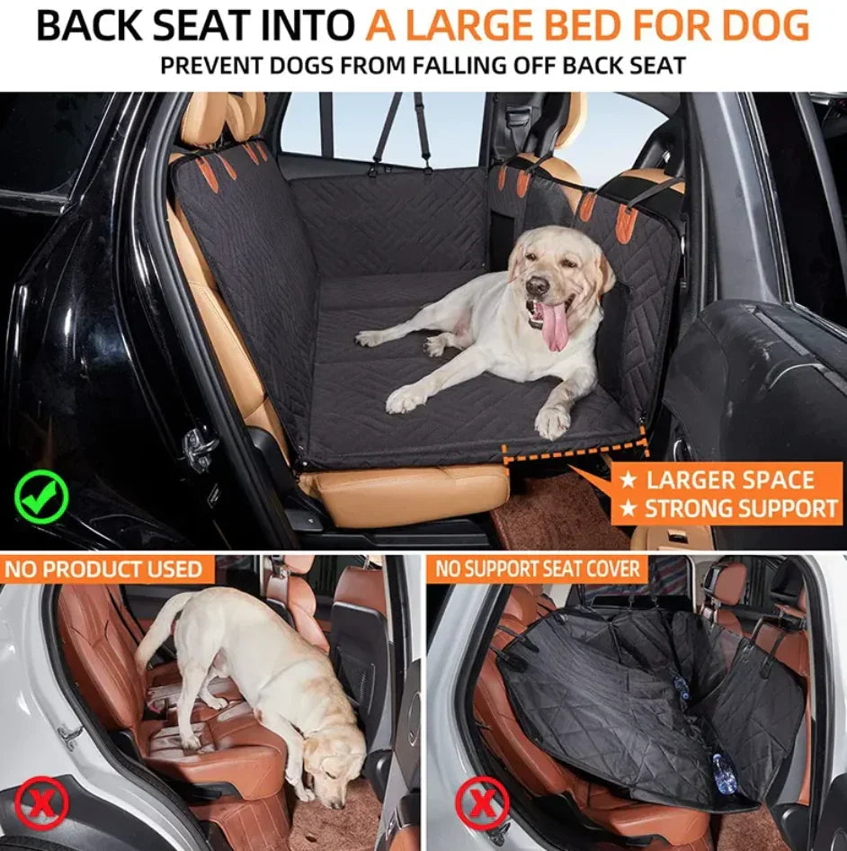 Dog lying on car back seat hammock cover, showing pet car seat protector with strong support