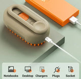 Rechargeable pet grooming brush with silicone bristles and USB charging, tabletop setting