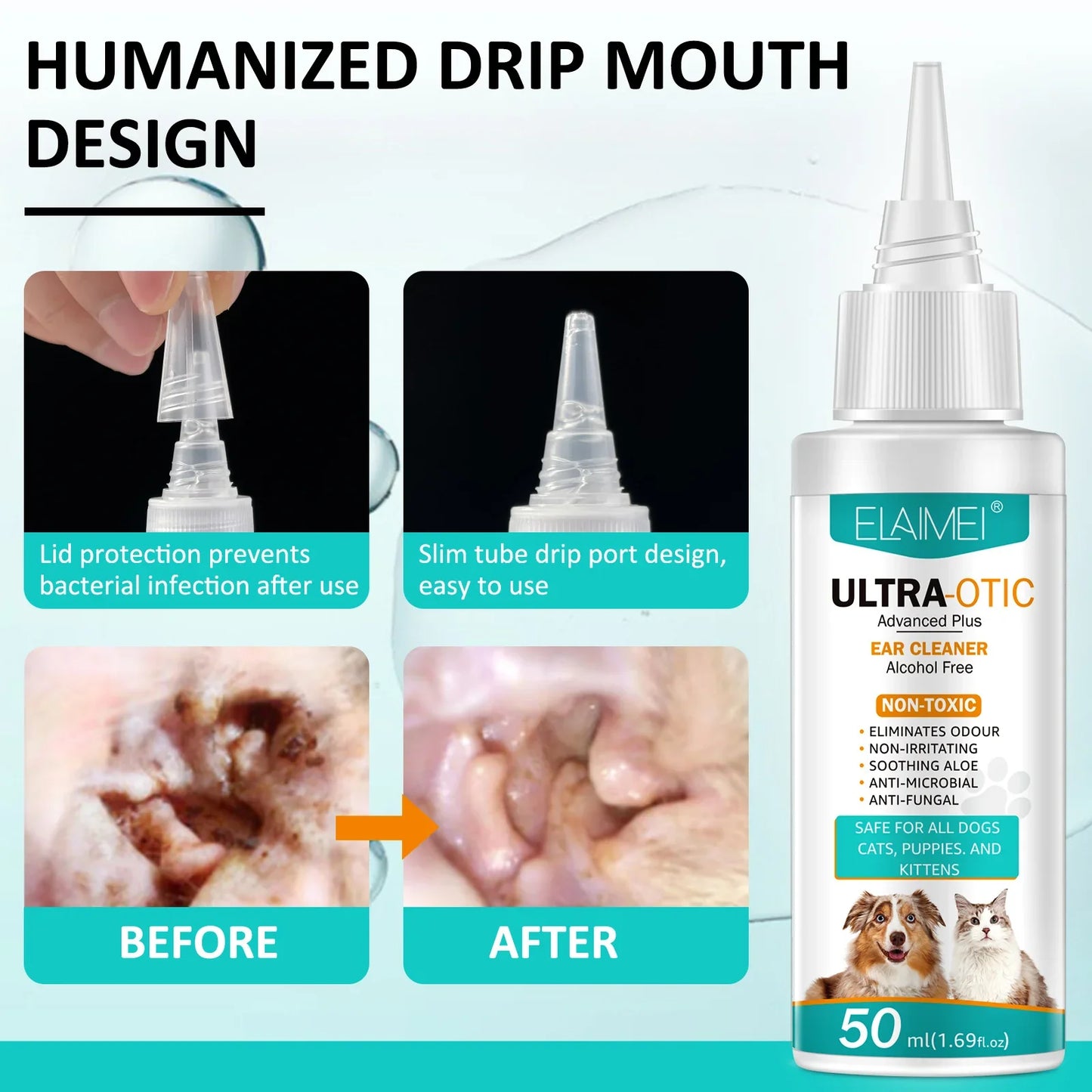 Pet ear cleaner bottle with drip nozzle design, before and after pet ear cleaning results