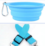 Collapsible blue silicone pet bowl with carabiner and adjustable blue pet leash