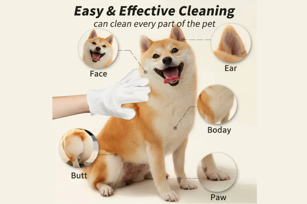Pet cleaning glove used on Shiba Inu dog, highlighting face, ear, paw, body, and butt cleaning areas.