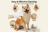 Pet cleaning glove used on Shiba Inu dog, highlighting face, ear, paw, body, and butt cleaning areas.