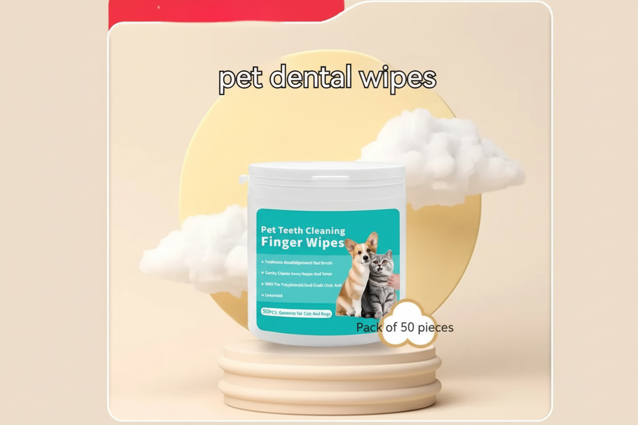 Pet teeth cleaning finger wipes pack for cats and dogs, 50 pieces, with dog and cat image.
