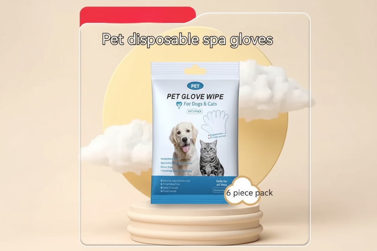 Pet disposable spa gloves 6 piece pack for dogs and cats, package on pastel background.