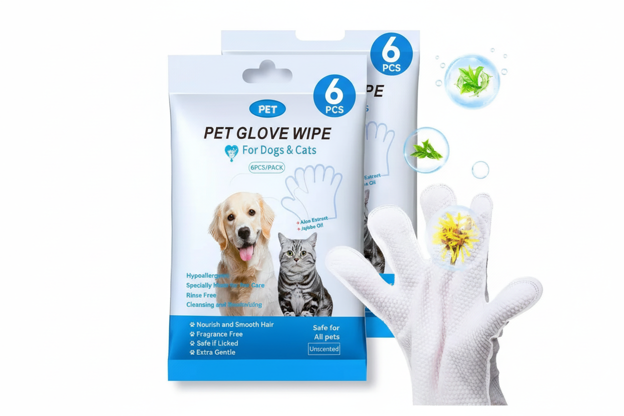 Pet glove wipes for dogs and cats, hypoallergenic, extra gentle, fragrance-free, 6 pack