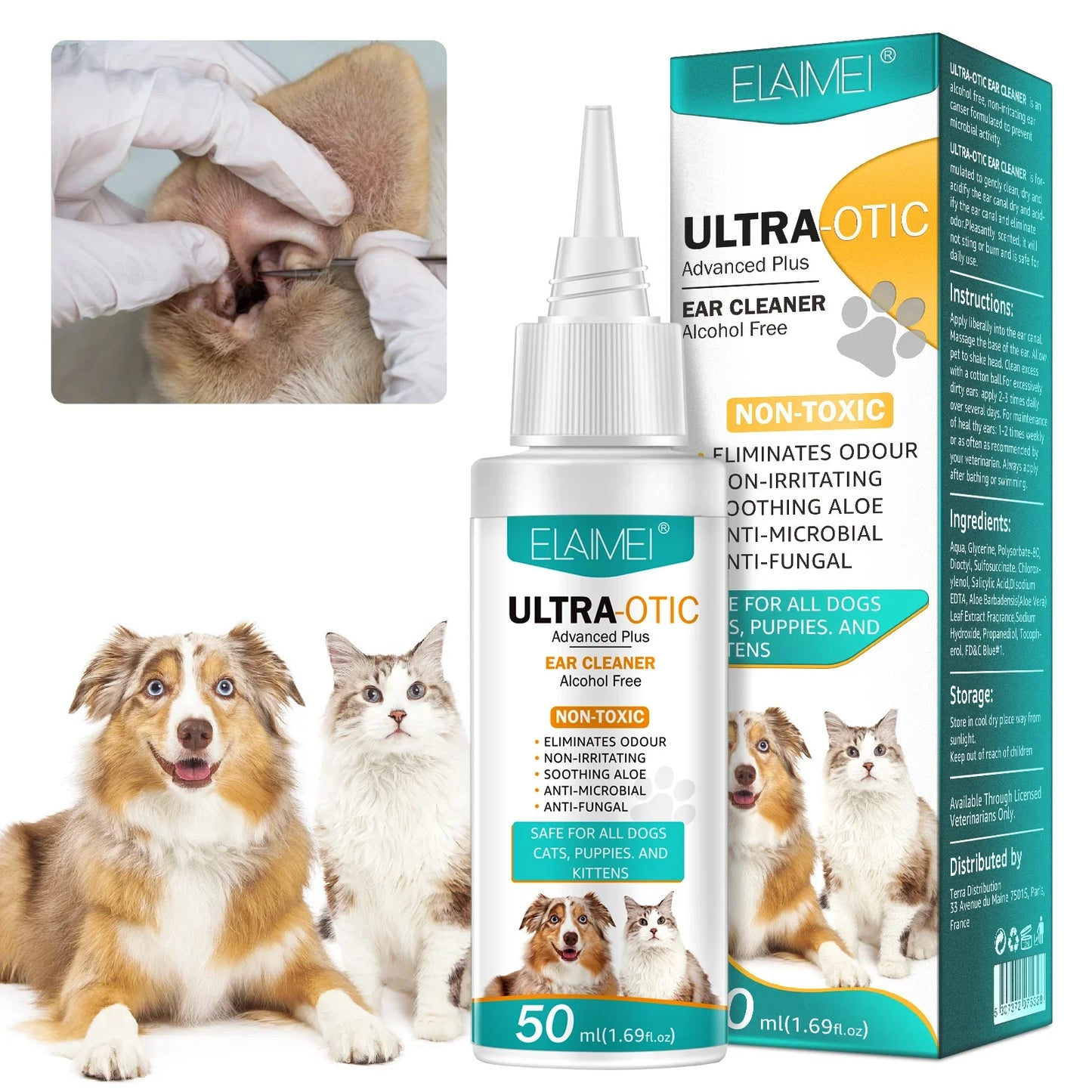 Pet ear cleaner bottle and box with images of a dog and cat, veterinarian cleaning pet's ear