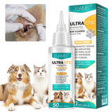 Pet ear cleaner bottle and box with images of a dog and cat, veterinarian cleaning pet's ear