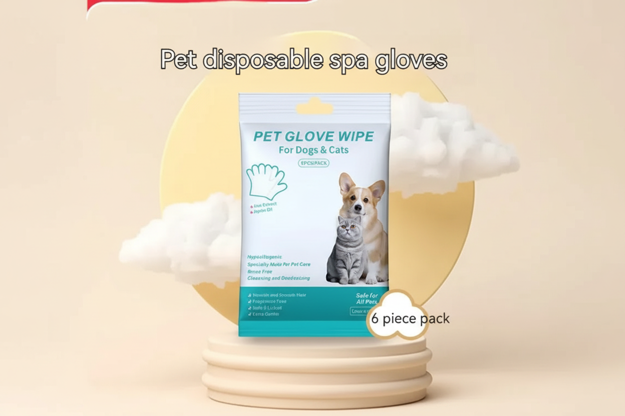 Pet disposable spa gloves packaging for dogs and cats, 6 piece pack, beige background