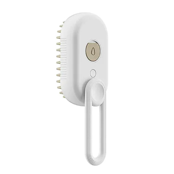 White pet grooming brush with silicone bristles and ergonomic handle for gentle care