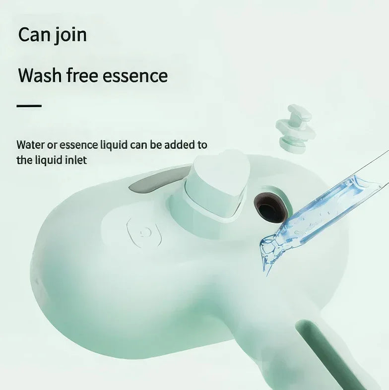 Pet grooming tool liquid inlet with water or essence being added for easy cleaning