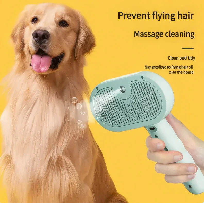 Golden retriever being groomed with a pet hair remover brush on a yellow background