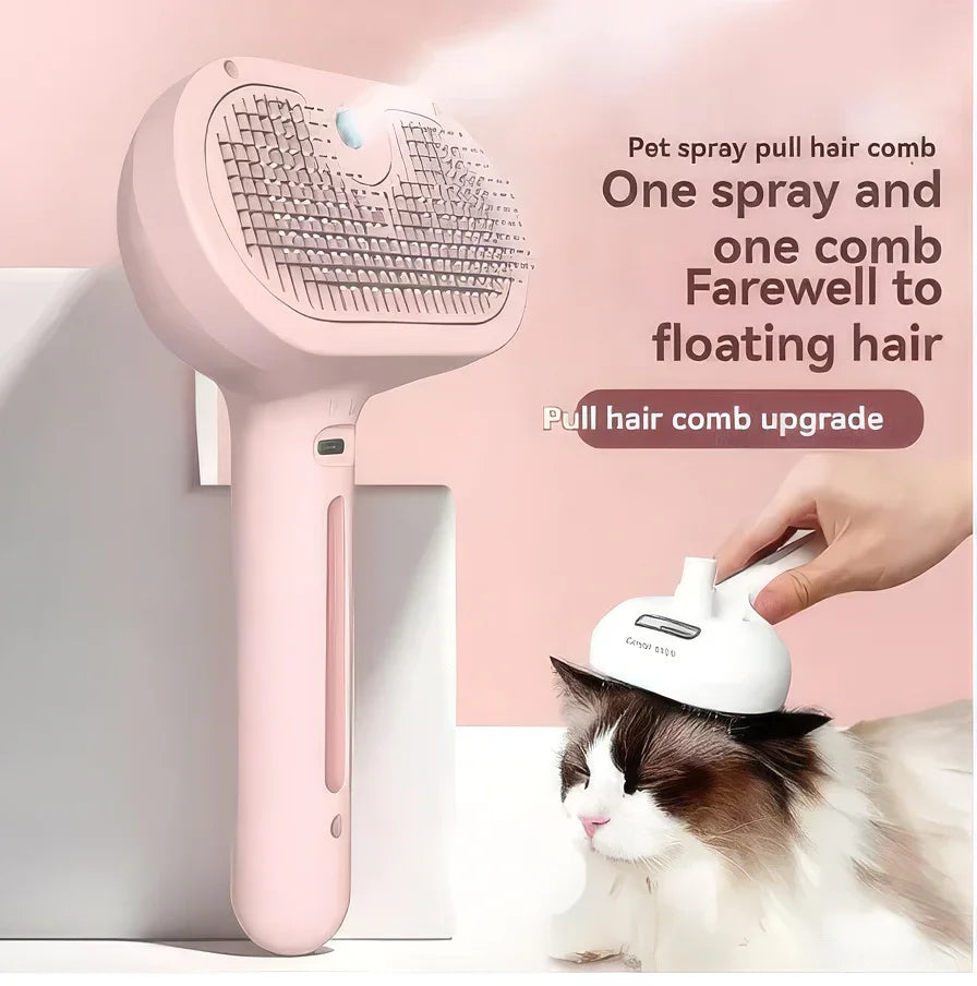 Pet grooming spray comb and pull hair comb used on fluffy cat, reducing loose fur