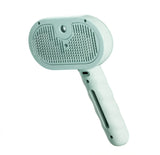 Light green pet grooming brush with ergonomic handle and metal bristles on white background