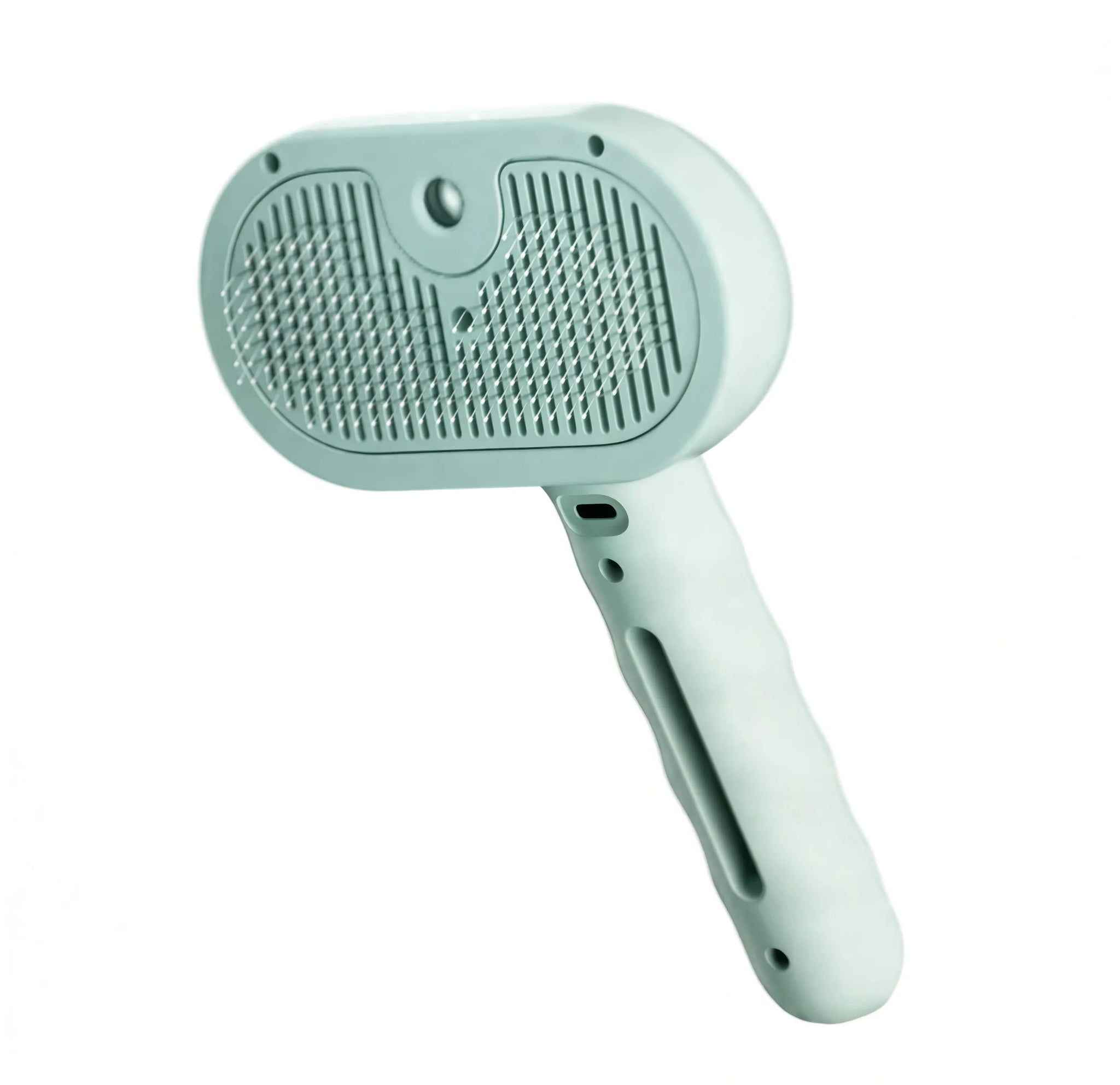 Light green pet grooming brush with ergonomic handle and metal bristles on white background