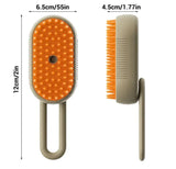 Pet grooming brush with orange bristles and handle, shown with size dimensions