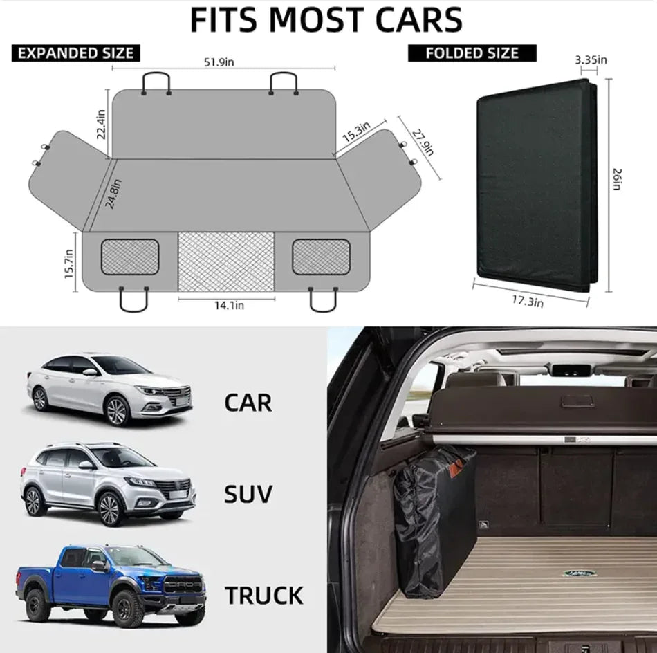 Universal foldable car trunk cover with sizing guide, fits cars, SUVs, and trucks, shown in vehicle cargo area.