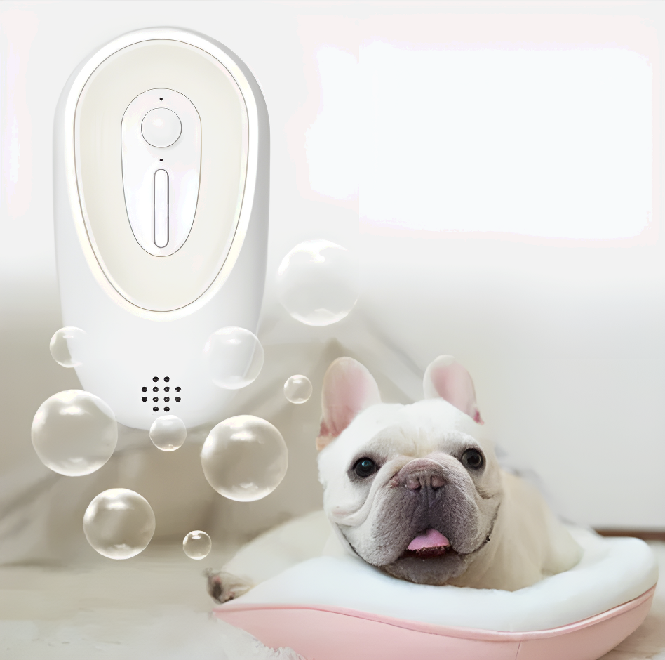 White pet nail grinder above a French bulldog lying on a bed with floating bubbles